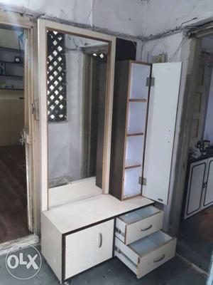 White And Brown Wooden Mirror Frame With Cabinet