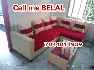 White And Red Corner Sofa Set With Coffee Table