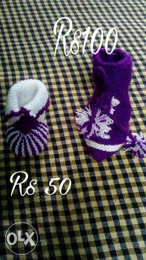 Baby's Two Purple-and-white Knitted Shoes