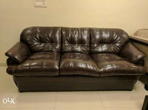Brown Leather Tufted-back 3-seat Sofa