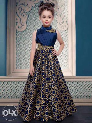 Girl's Blue And Gold Sleeve Less Dress
