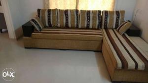 New Condition L Shaped Brown Stripe Fabric Sofa 6 Seater