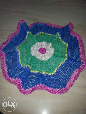 Pink, Blue, Green And White Round Knitted Doily