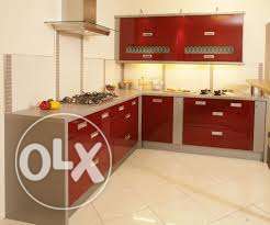 Red And Silver Wooden Kitchen Cabinet