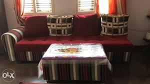 Red, Gray, Black, And White Velvet Stripe Tufted 4-seat Sofa
