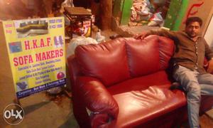 Red Leather Three Seat Couch