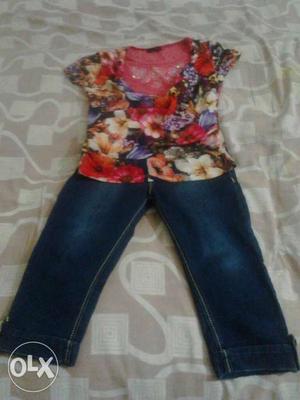 Red, White, Floral Sleeveless Top; Blue Denim Pants for kids