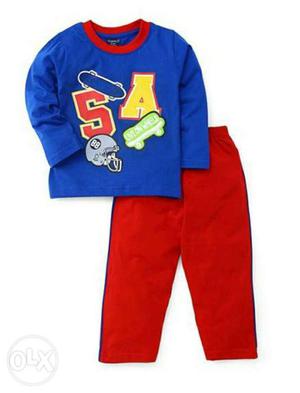 Toddler's Blue Printed Sweater And Red Pants