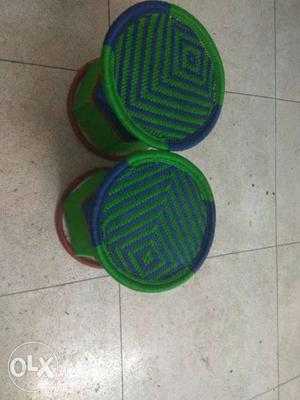 Two Green-and-blue Rattan Stools