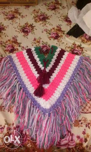 Women's Green, White And Pink Knitted Poncho