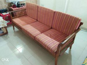 Red And Brown Wooden 3-seat Sofa, Pure Saag Wood