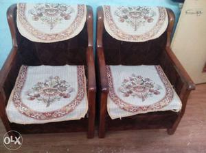 Two Brown Wooden Framed White-and-brown Fabric Floral Padded