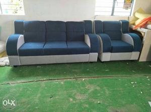 White And Blue Suede five Seater Couch And Arm