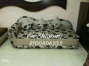 Beige And Black Florab Fabric Sofa Bed