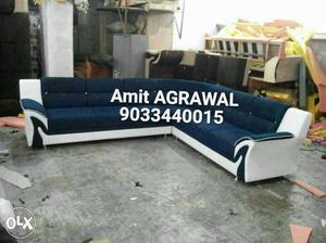 Blue And White Microfiber Sectional Couch