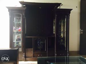Brown Wooden TV Rack With Display Cabinets
