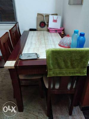 Rectangular Brown Wooden / Marble Table With Padded Chairs