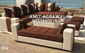 White And Brown Fabric Sectional Sofa Set
