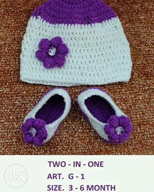 Baby's White And Purple Knitted Cap And Shoes Set