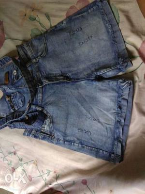 Distress Blue-washed Overall Shorts