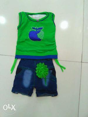 Toddler's Green And Black Tank Top And Denim Shorts