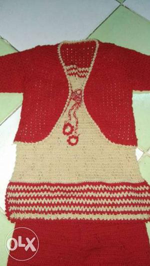 Women's Red And Beige Knitted Dress