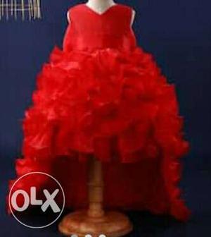 Girl's Red Sleeveless V-neck Ruffled Gown