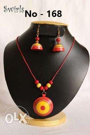 Red And Yellow Pendant Necklace With Jhumkas Set
