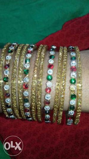 Red, Green, And Diamond Gold Link Bangles
