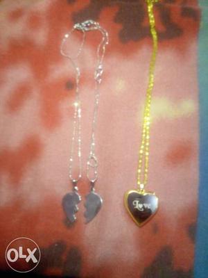 Two Silver Broken Heart And Heart-shape Gold Necklace