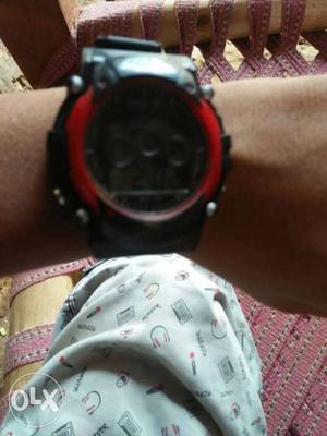 Black And Red Digital Watch With Black Rubber Straps