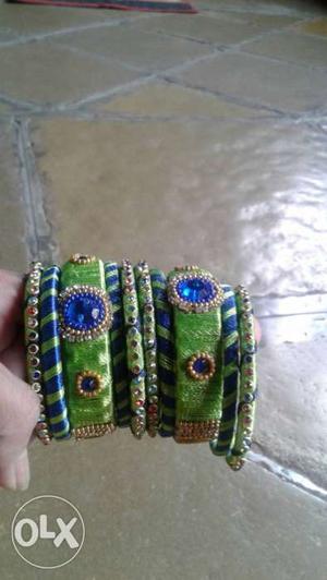 Embellished Sapphire Green Silk Thread Bangles