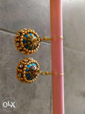 Gold And Teal Jhumka Earrings