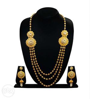 Gold Beaded Necklace And Pair Of Earrings Set