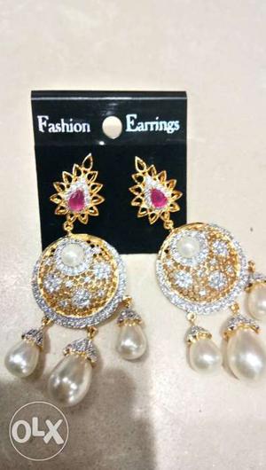 Gold-pearl-silver Chandelier Earrings