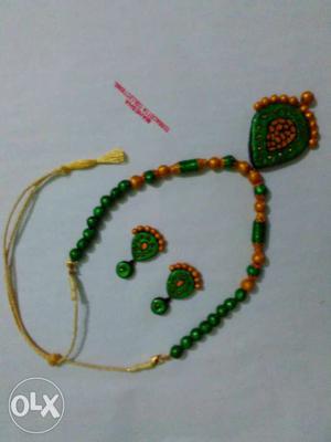 Green, Brown, And Yellow Beaded Accessory Set