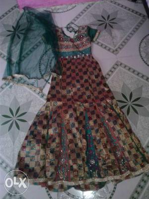 Green, Maroon, And Beige Cap Sleeve Dress With Dupatta