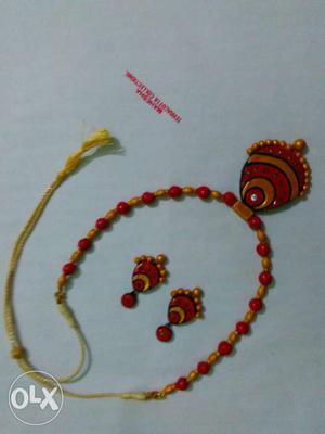 Orange And Red Beaded Necklace And Earrings Set