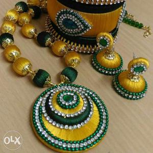 Pair Of Green-and-yellow Jhumkas And Necklace