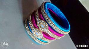 Pink, Green And Blue Silk-thread Bangles