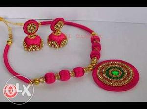 Pink Silk Thread Pendant Necklace And Jhumka Earrings