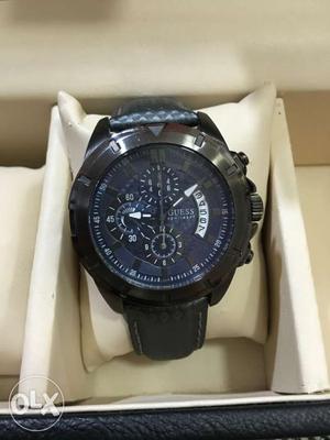 Round Black Case Guess Chronograph Watch With Box