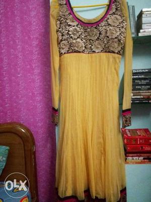 Yellow And Brown Floral Long Sleeve anarkali suit
