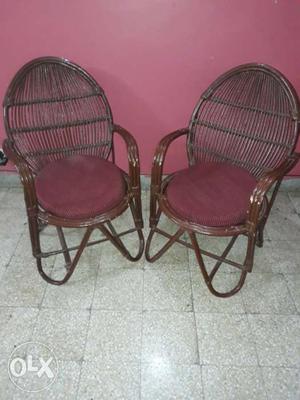 3 Brown Wooden Framed Red Padded Armchairs