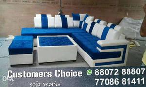 Blue-and-white Leather Corner Sofa With Ottoman