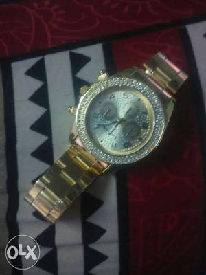 Embellished Diamond Round Gold Chronograph Watch