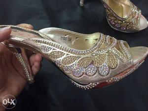 Embellished Gold-color Peep-toe Heeled Sandals