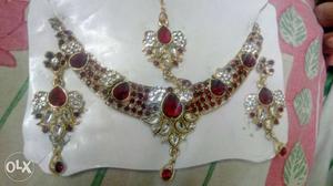 Embellished Ruby And Diamond Gold Bib Necklace And Drop