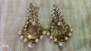 Embellished White Pearl Gold Dangling Earrings