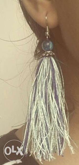 Fringed Blue And White Earring